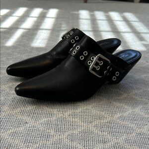 rag & bone Black Leather Mules with Silver Buckle